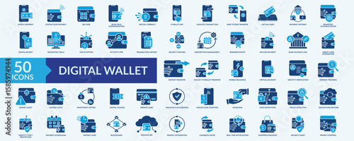 Digital wallet icon collection set with e-wallet app, digital currency, cashless transaction, fraud detection, real time notification