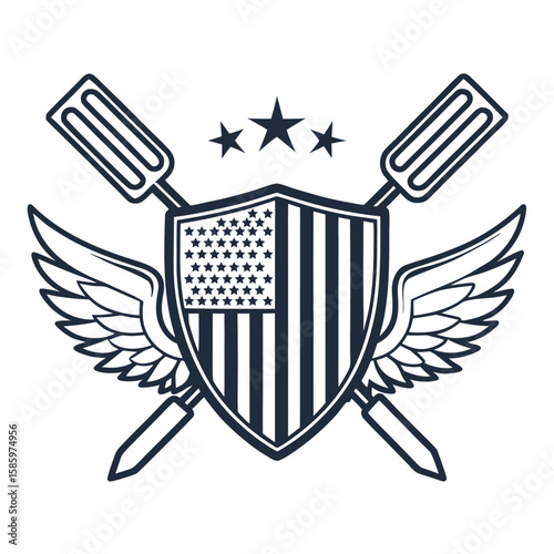Patriotic BBQ Shield Icon with Flame and Tools vector illustration.