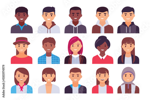 Diverse Portraits of Individuals: A collection of illustrated faces, showcasing a wide range of ethnicities, emotions, and appearances.
