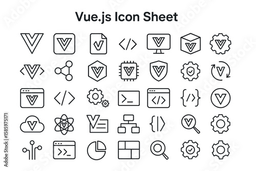 Vue.js Icon Sheet : A comprehensive collection of Vue.js icons, symbolizing coding, web development, and software design in a minimalist graphic style.