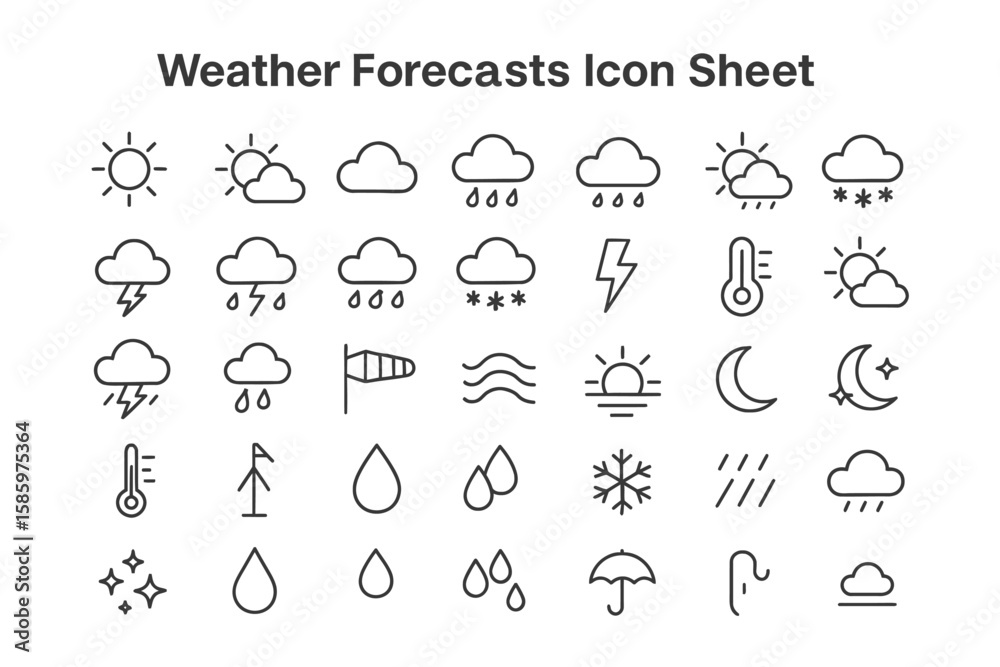Fototapeta premium Weather Forecast Icons: A comprehensive collection of weather forecast icons, meticulously crafted in a minimalist style, presents an array of atmospheric conditions, from sunny days to stormy nights.