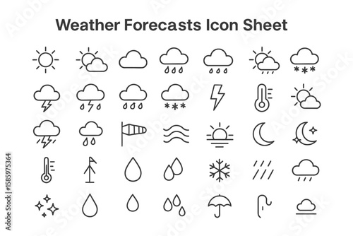 Weather Forecast Icons: A comprehensive collection of weather forecast icons, meticulously crafted in a minimalist style, presents an array of atmospheric conditions, from sunny days to stormy nights.