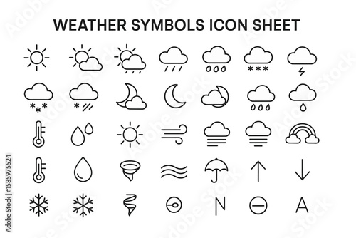Weather Icons: Set of clean weather symbols and icon, the image features a comprehensive array of clear and stylized weather icons, designed to represent various atmospheric conditions.