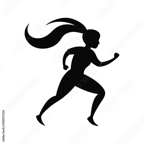 Silhouette of person running with ponytail flying on white background for fitness  