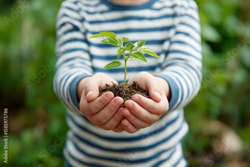 A child's hands holding a small plant ready to be planted