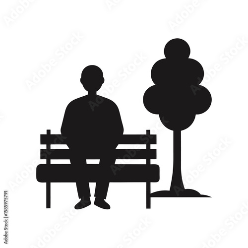 Silhouette of individual resting on park bench with white background  