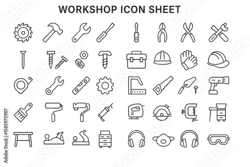 Workshop Icon Collection: A comprehensive set of minimalist icons, neatly arranged to showcase various tools and equipment, representing essential elements of the workshop environment.