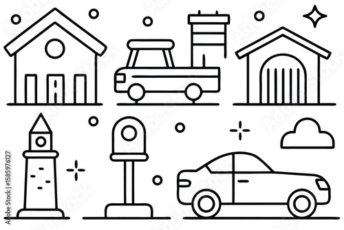 Simple Line Art Icons of Buildings Vehicles and Symbols house garage