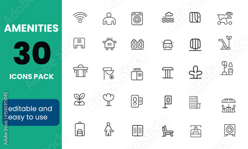 Amenities Line Icon Set—Editable Vector for Facilities and Services