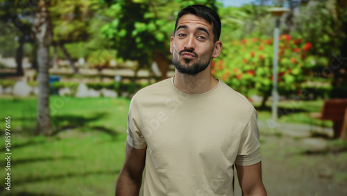 Young man smiling in a vibrant park setting with lush green trees and colorful flowers in the background, capturing a moment of happiness and outdoor leisure.