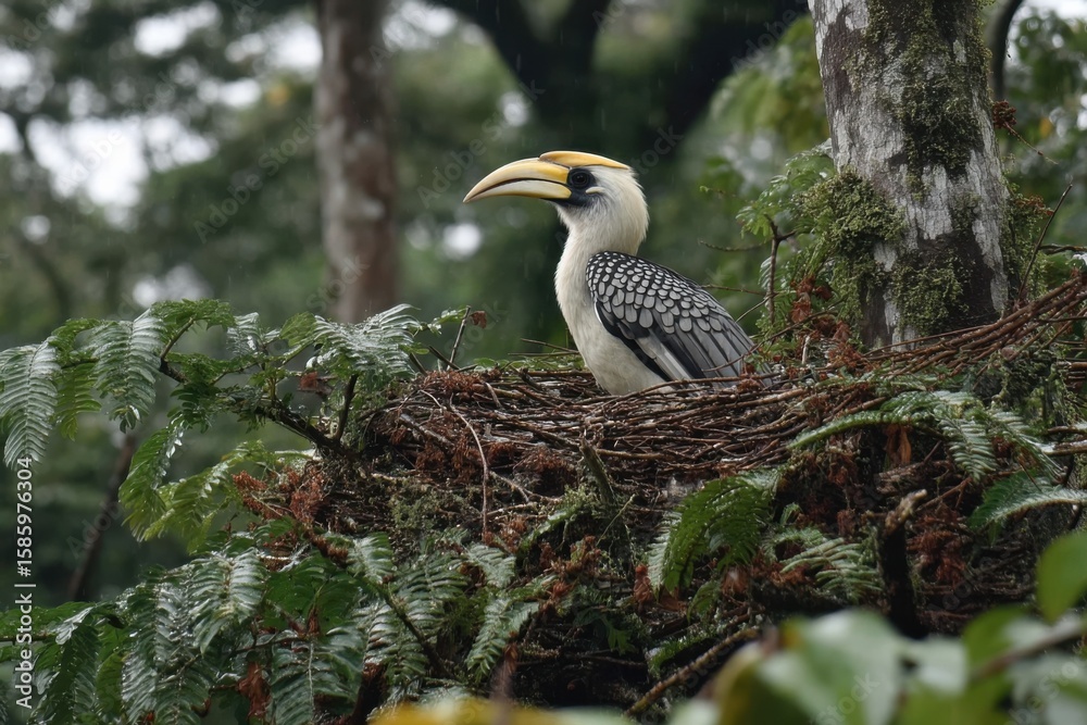 Fototapeta premium Hornbill rests regally beside its nest in the lush jungle of a tropical paradise