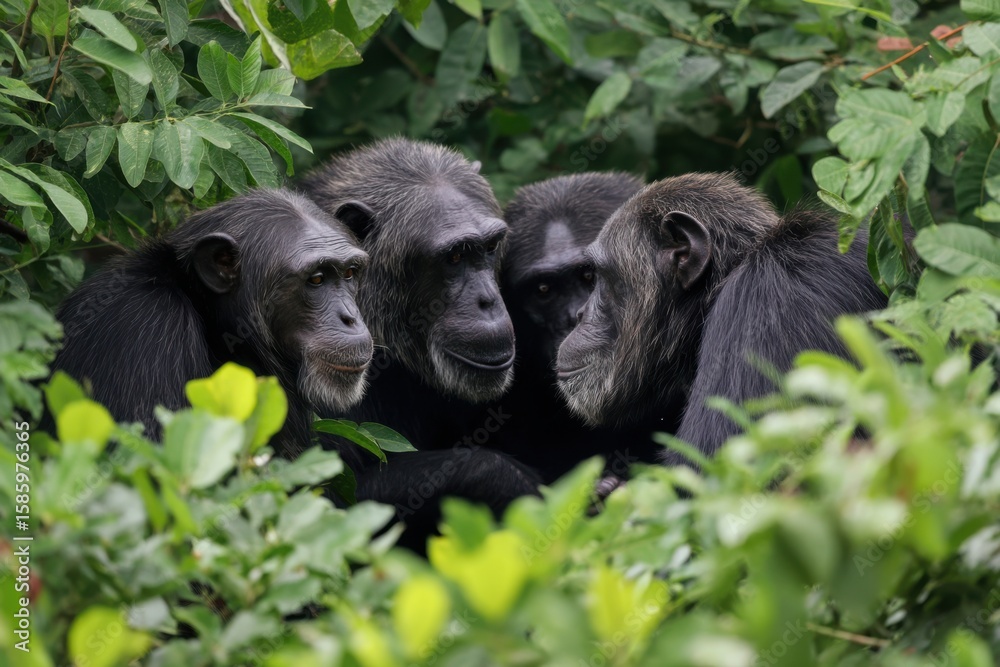 Fototapeta premium Chimpanzees engage in social grooming activity beneath lush greenery in the wild