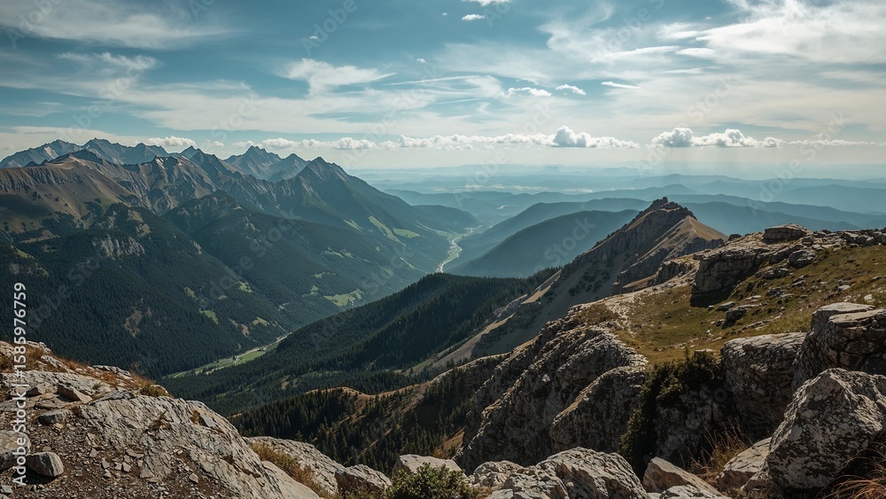 Obraz premium Expansive mountain vista with valleys and ridges.