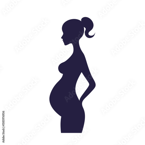 Silhouette of pregnant woman side view showing baby bump with white background  
