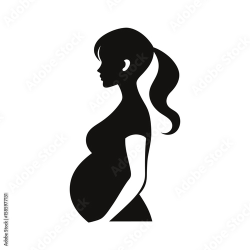 Silhouette of pregnant woman in profile with clear white background  