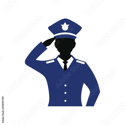 Silhouette of police officer standing and saluting with white background  