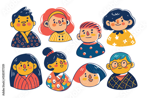 Diverse Characters: a collection of endearing characters, meticulously illustrated in a vibrant, animated style, each exuding individuality and charm, ready to bring a touch of joy to any design.