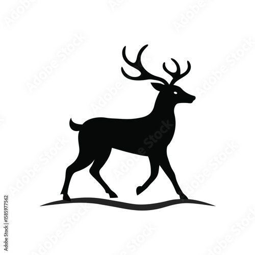 Silhouette of reindeer walking in snow with serene white background  