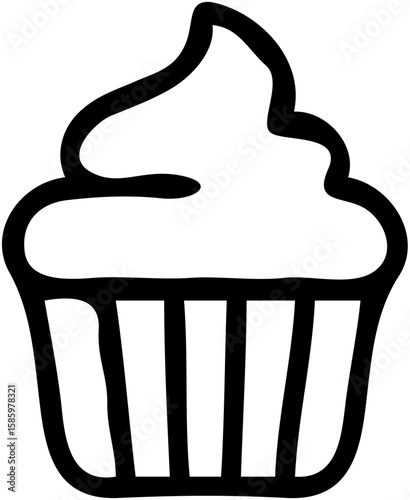 Simple black and white line drawing of a cupcake with frosting.