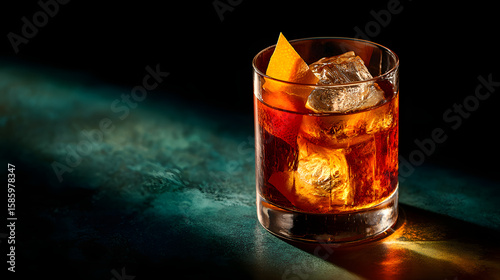 Crystal Glass with Whiskey and Ice on Dark Background