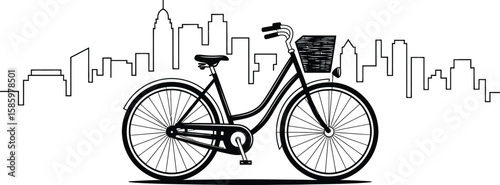 Black bicycle with basket in front of city skyline