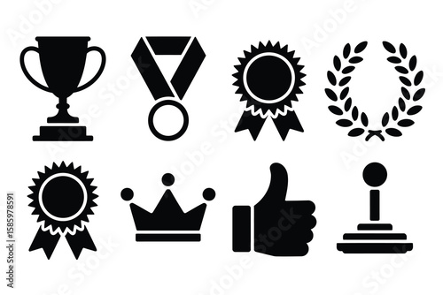 Black trophy medal crown laurel wreath thumbs up and stamp icons