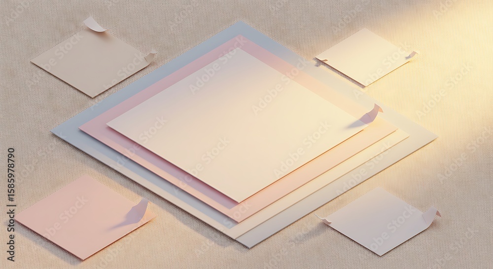 Fototapeta premium Pastel Paper Squares on Textured Backdrop in Soft Sunlight