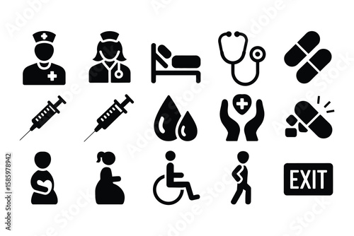 Medical healthcare icons including nurse patient and medicine