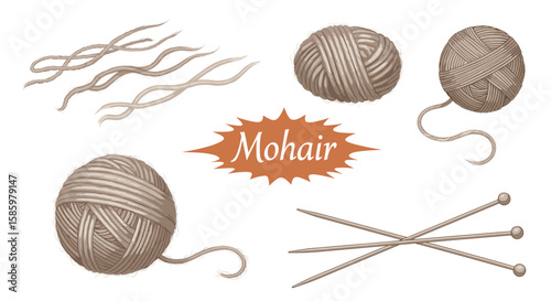Illustration of mohair yarn in balls and strands with knitting needles on a white background