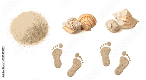 Beach scene with sand pile, seashells, and footprints in the sand against a white background view