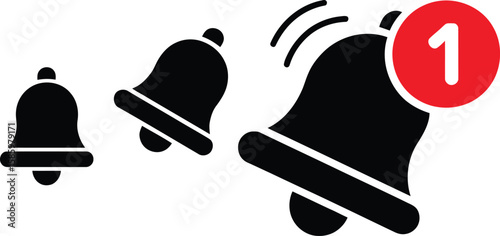 Three black notification bells with one ringing and a red circle with number one