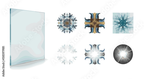 Illustration featuring a glass pane and several decorative ornate designs on a white background