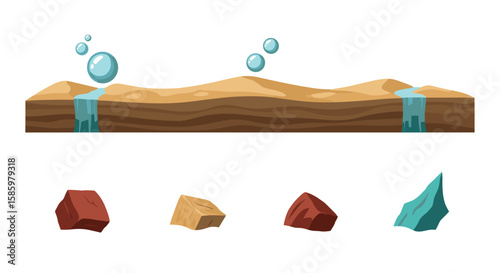 Cartoon landscape showing a cross section of earth with waterfalls and various colored rocks below it
