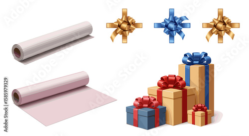 Illustration showing rolls of wrapping paper and an assortment of colorful gift boxes with bows on top