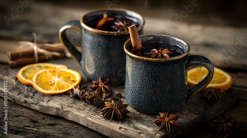 Warm Spiced Mulled Wine with Cinnamon and Citrus on Wooden Surface