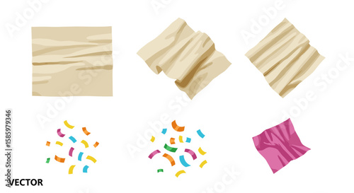 Illustration of wrinkled paper sheets and scattered confetti in various colors on a white background view