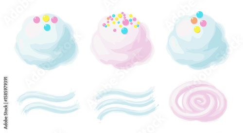 Illustration of three cotton candy clouds and three watercolor wave and swirl elements on white background