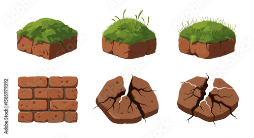 Isometric blocks of grass, brick wall, and cracked earth textures for game development assets design