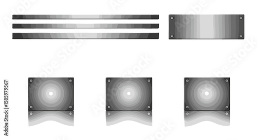 Illustration of three horizontal bars and three square plates with four screws each in grayscale tone