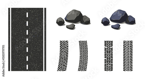 Illustration of a road with rocks and tire tracks showing a path and obstacles on the way forward