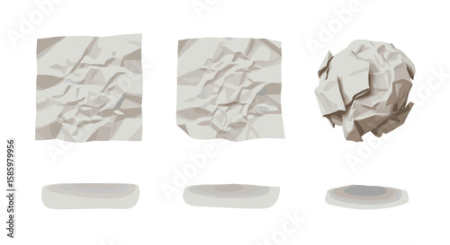 Three crumpled sheets of paper with varying degrees of wrinkling and corresponding shadow underneath