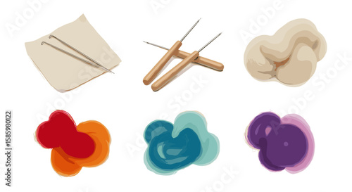 A collection of felting tools including needles and wool in various colors on a white background