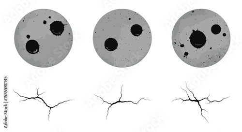 Three speckled eggs with cracks beneath them in a row on a white background in grayscale style