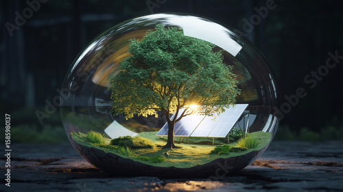 A digital art composition of a miniature ecosystem contained within a large, translucent glass orb.