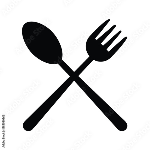 Silhouette of spoon and fork crossed together on clean white background  