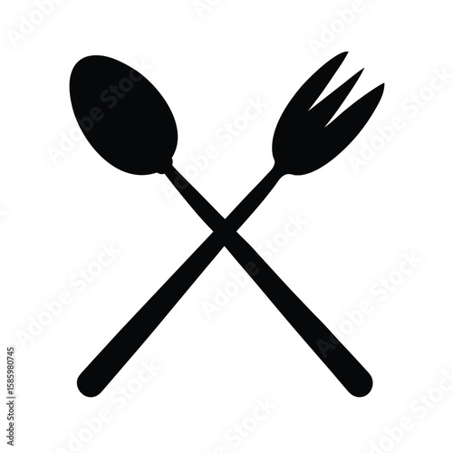 Silhouette of crossed spoon and fork on white background for dining concept  