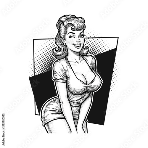 Hand-Drawn Vintage Style Engraving of Winking Pin-Up Girl with Retro Background, drawn in an engraved, woodcut style with fine details sketch engraving vector illustration