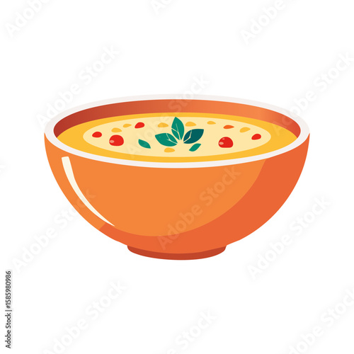 A bowl of creamy soup with garnish served in an orange bowl