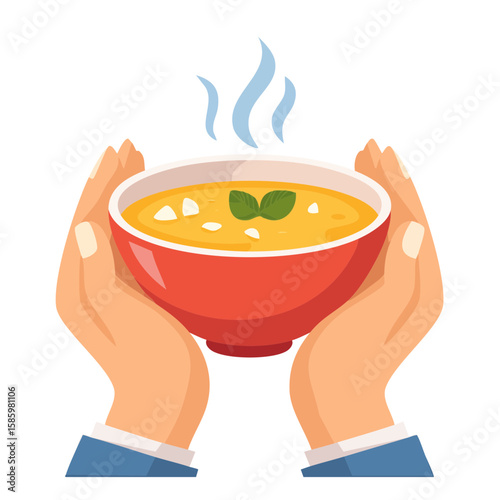 Hands carefully holding a vibrant bowl of hot soup. The soup is steaming, with a sprig of fresh basil for a touch of flavor