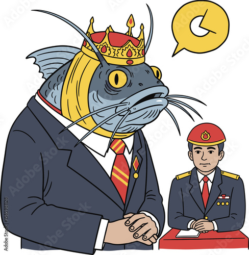 Regal Catfish King in Suit and Crown with Uniformed Officer.